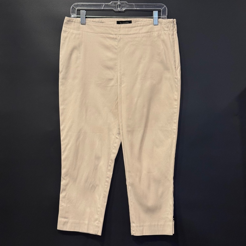 Talbots Crop Pants Women 10P Tan Heritage Side Zip Slit Hem Khaki Chino Trousers